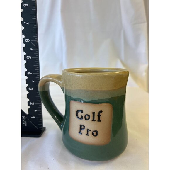 Handcrafted Ceramic Mug With "Golf Pro" Text - Green & Beige 4.5" Tall - Picture 2 of 2